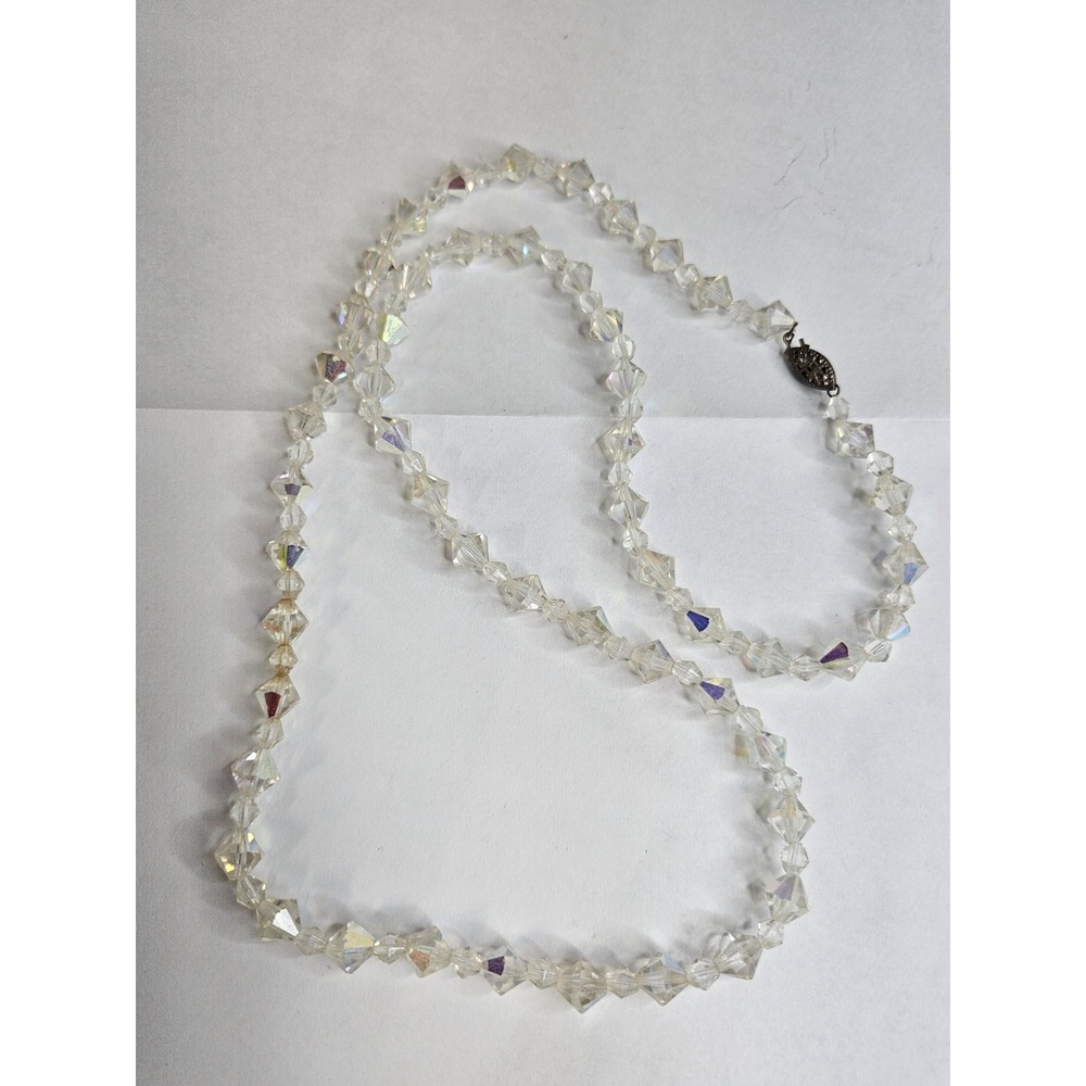 Art Deco  AB Necklace Aurora Borealis‎ Acrylic Bicone Beads Vintage Clasp 26"